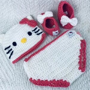 Sanrio Crochet Baby Newborn Hello Kitty Beanie Booties Diaper Cover Hat Photos